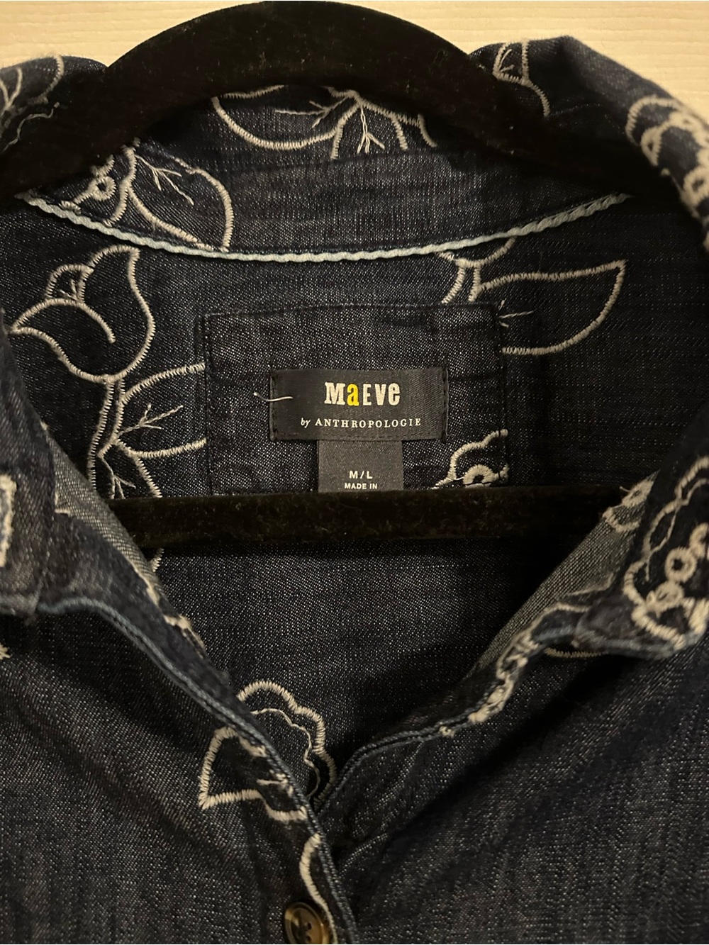 Maeve Anthropologie Blue Floral Embroidered Denim Button-Up Shirt OVERSIZED M-L - Picture 8 of 10